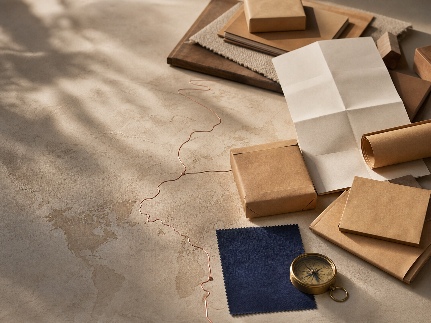 Trade planning materials, parcels, compass and route line on a table